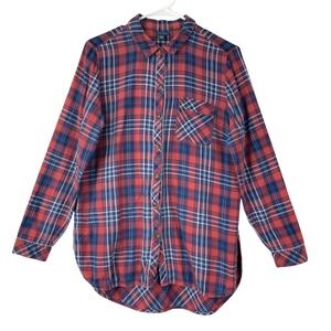 J.Jill Denim Red Blue Plaid Cotton Button Down Shirt Tunic Size Petite Medium